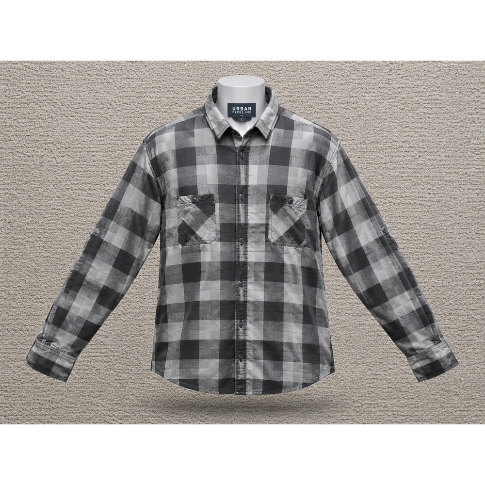 Urban Pipeline M9 Men Large Gray Black Buffalo Plaid Long Sleeve Button Up Shirt